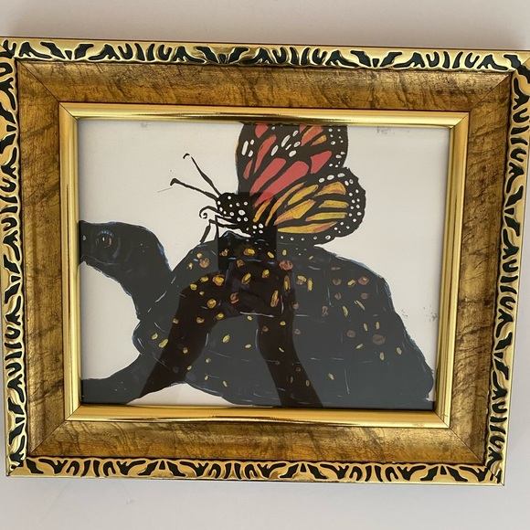 Gold Framed Plastic Wall Art Picture Turtle & Butterfly Nature Design Home Decor - Picture 4 of 9